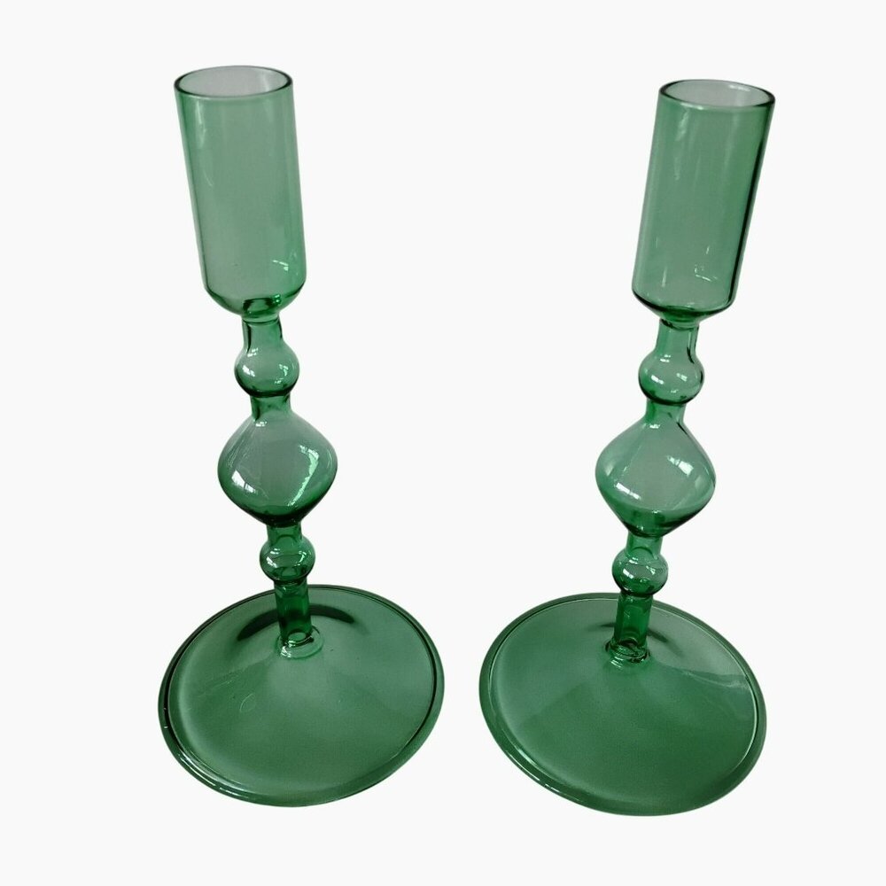 POKETO Glass Candlestick Holder Set of 2 Green Candle Holders, Boho Coastal